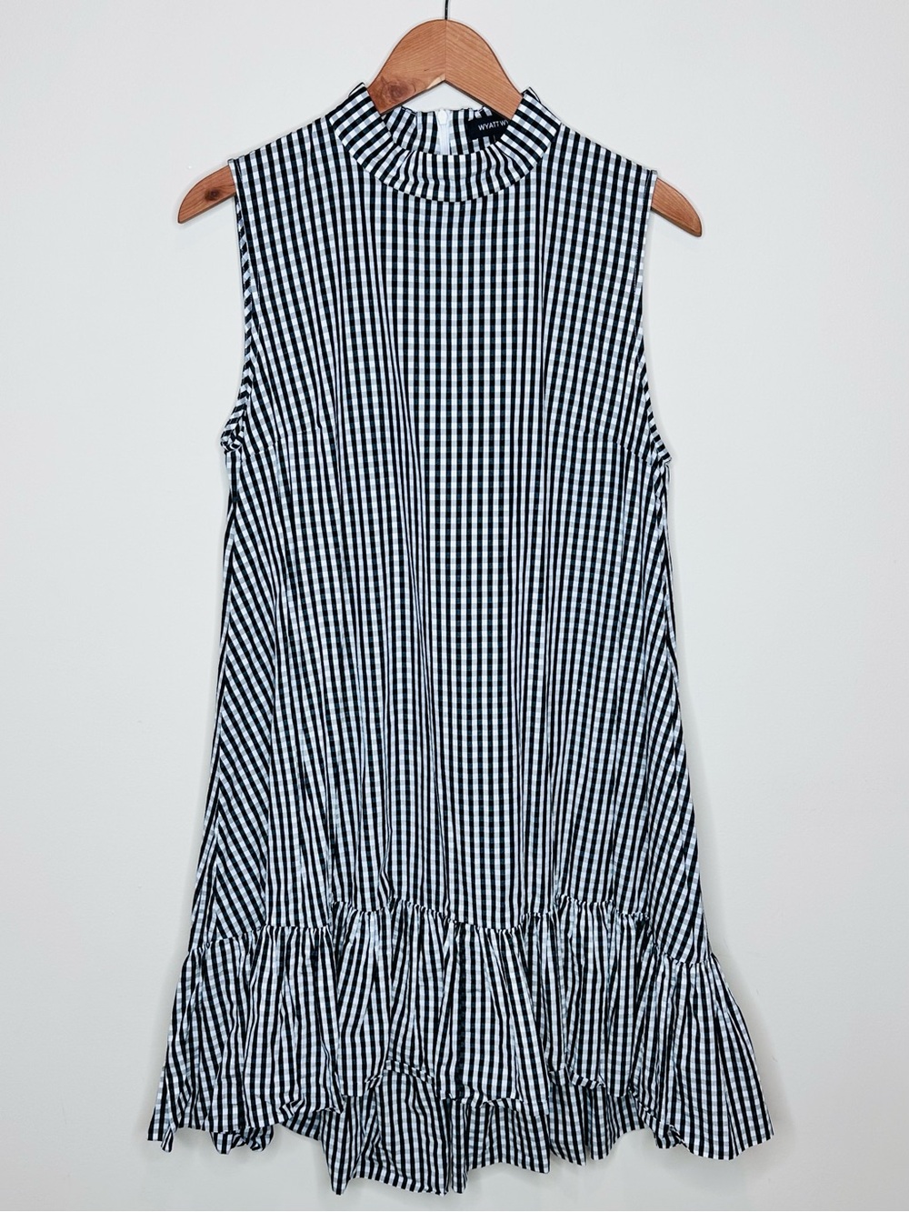 Wyatt Wylde Gingham Ida Dress Large Black White High-Low Ruffle Hem Sleeveless - Picture 5 of 14